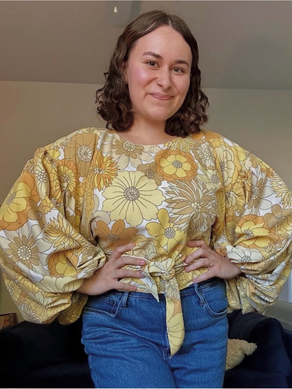 Handmade Vintage Yellow Floral Tie-Waist Balloon Sleeve Top NWOT